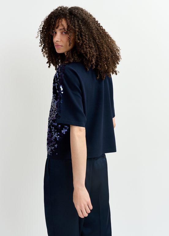 Navy blue sequin-embellished polo top