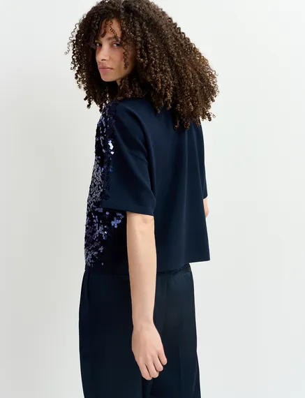 Navy blue sequin-embellished polo top