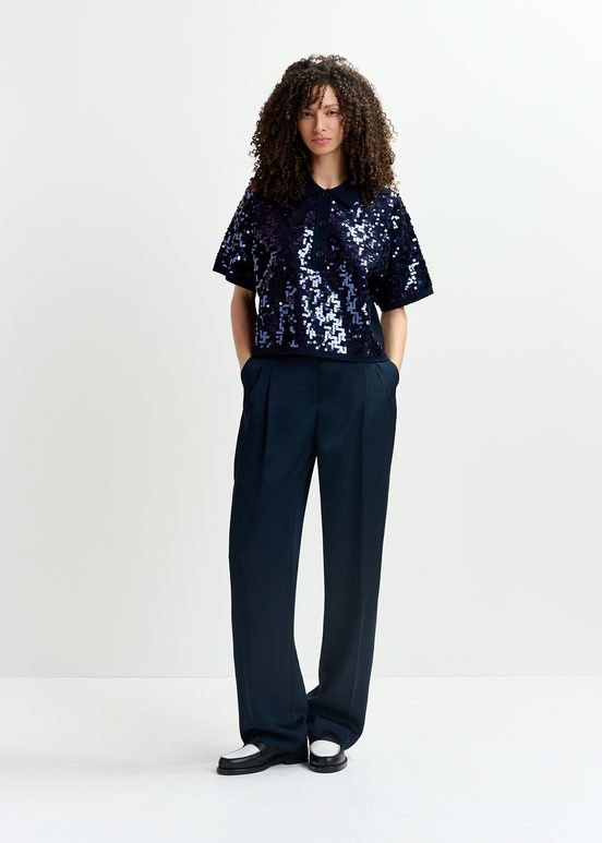 Navy blue sequin-embellished polo top