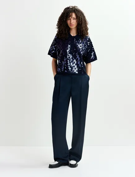 Navy blue sequin-embellished polo top