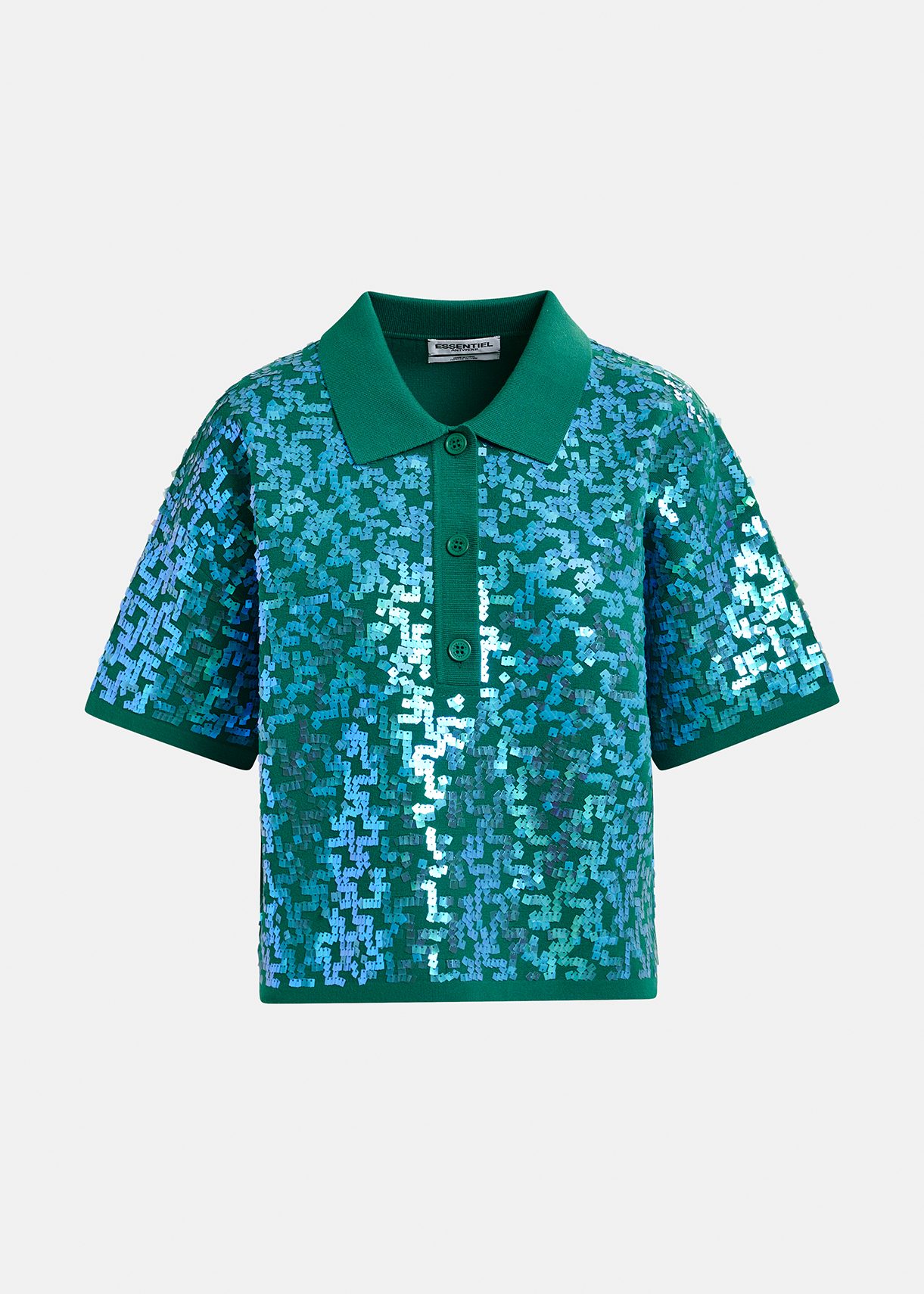 Dark green sequin-embellished polo top | Essentiel Antwerp United