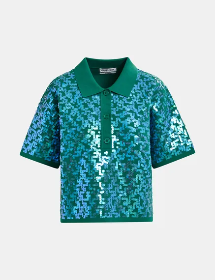 Dark green sequin-embellished polo top