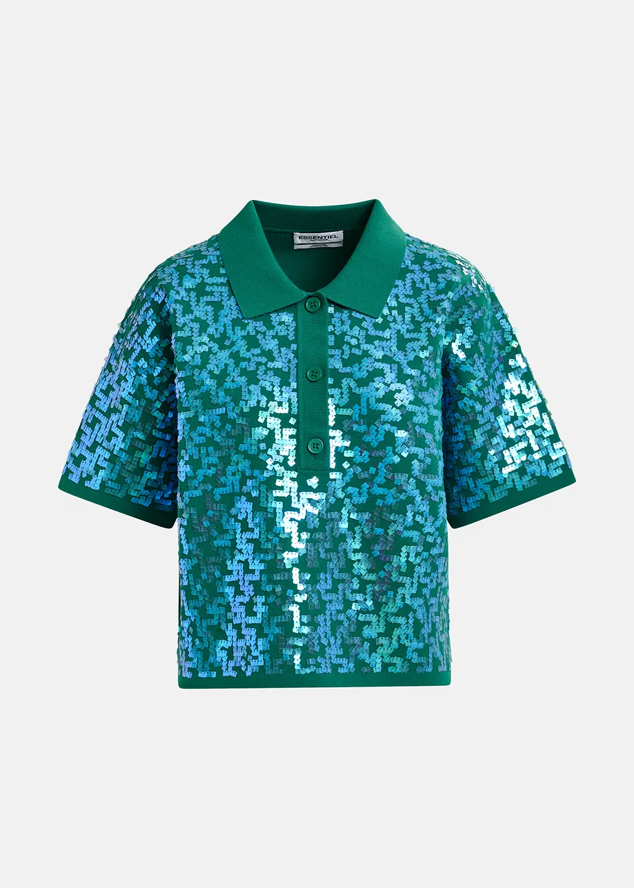 Dark green sequin-embellished polo top