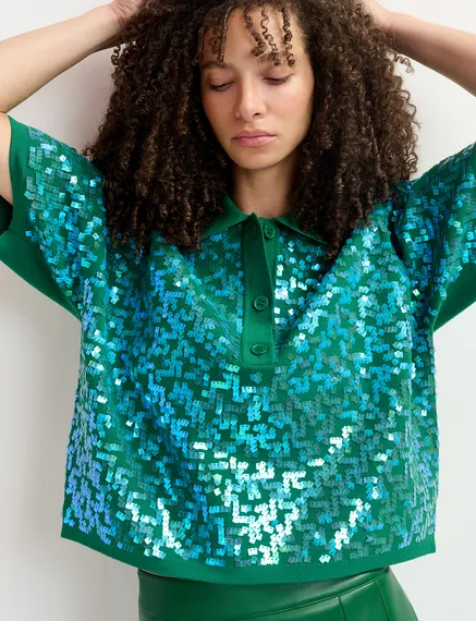 Dark green sequin-embellished polo top