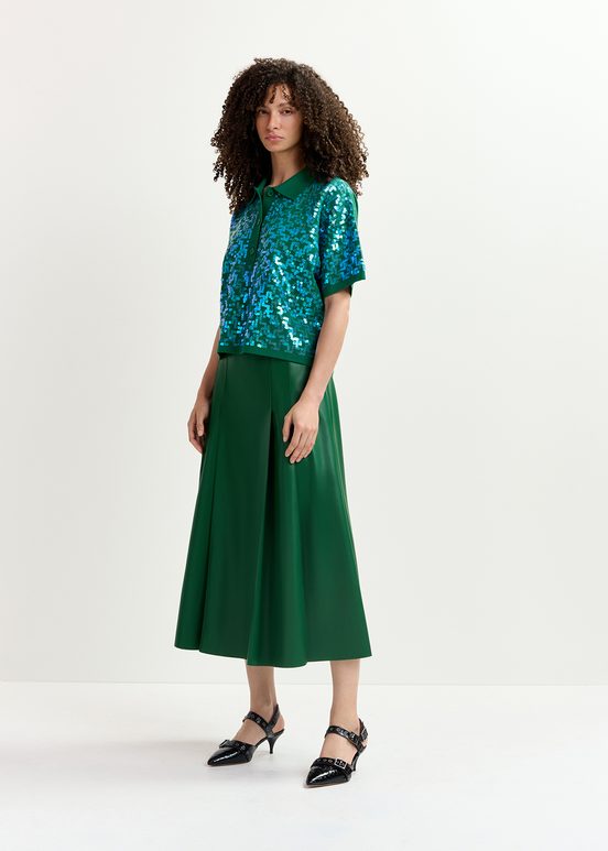 Dark green sequin-embellished polo top