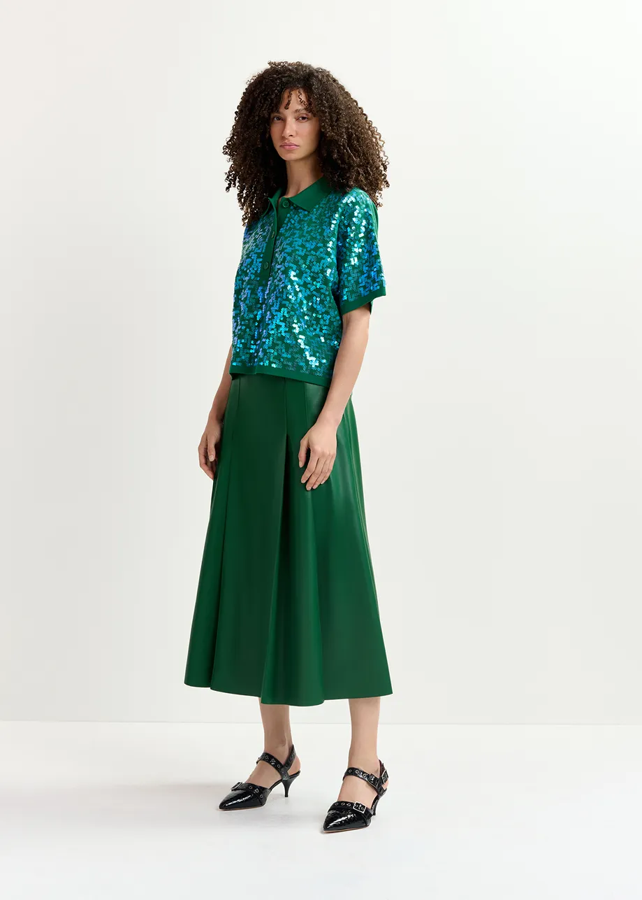 Dark green sequin-embellished polo top