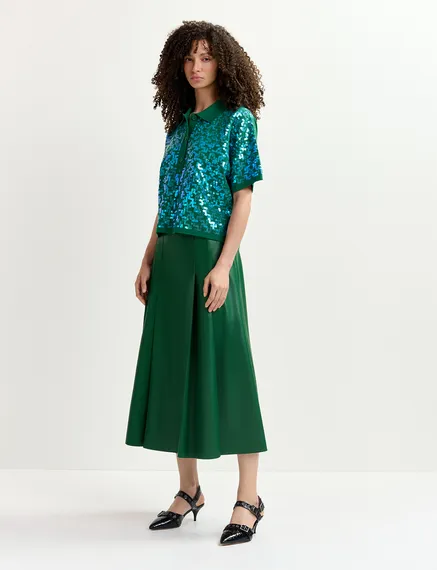 Dark green sequin-embellished polo top