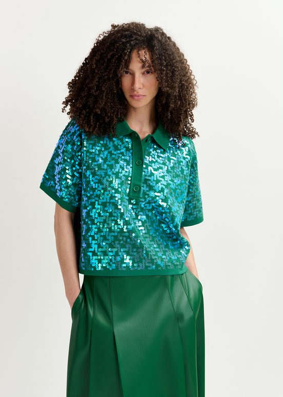 Dark green sequin-embellished polo top