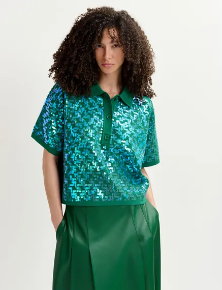 Dark green sequin-embellished polo top