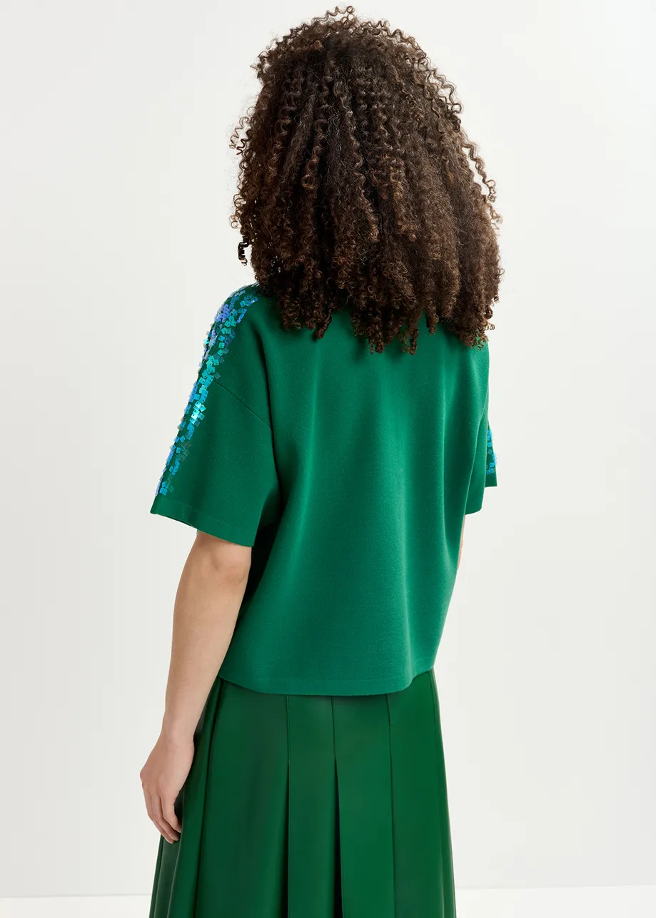 Dark green sequin-embellished polo top