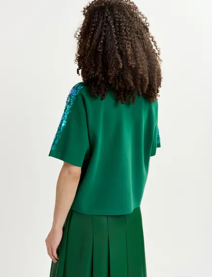 Dark green sequin-embellished polo top