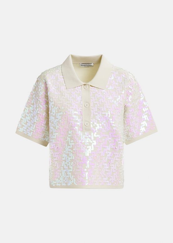 Ecru sequin-embellished polo top