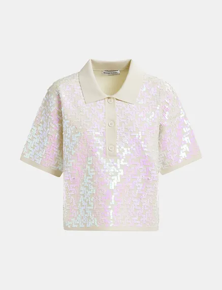 Ecru sequin-embellished polo top