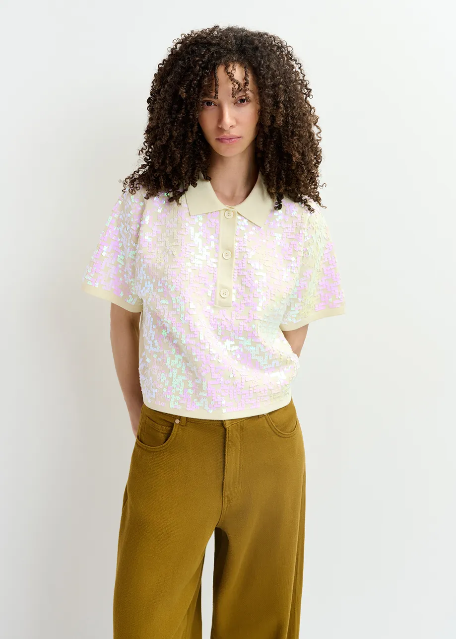 Ecru sequin-embellished polo top