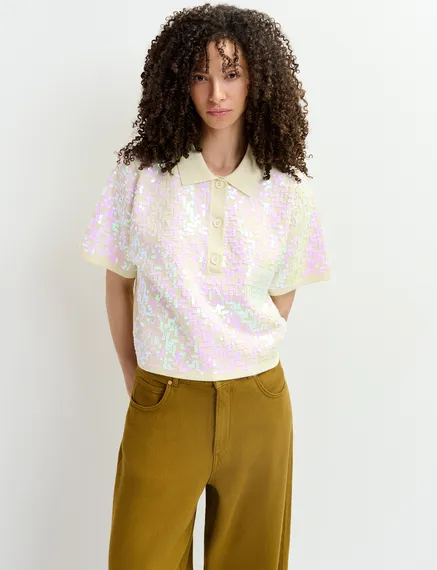 Ecru sequin-embellished polo top