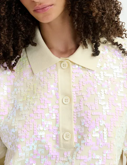 Ecru sequin-embellished polo top