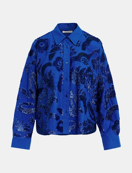 Camicia in cotone blu scuro decorata con paillettes