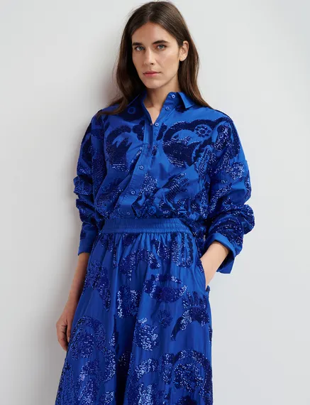 Dark blue sequin-embellished cotton shirt