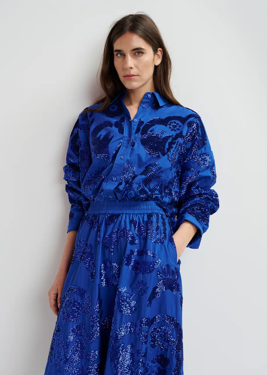 Dark blue sequin-embellished cotton shirt