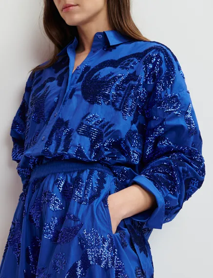 Dark blue sequin-embellished cotton shirt