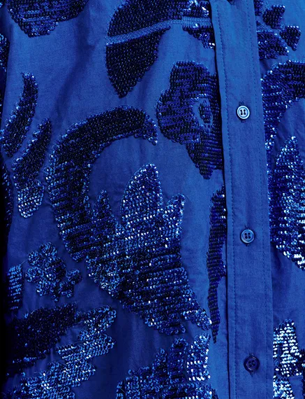 Camicia in cotone blu scuro decorata con paillettes