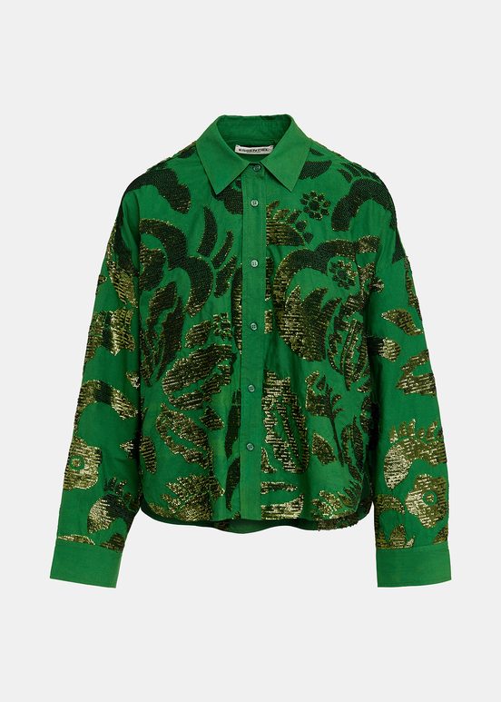 Dark green sequin-embellished cotton shirt