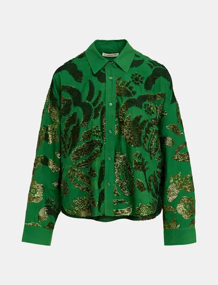 Dark green sequin-embellished cotton shirt