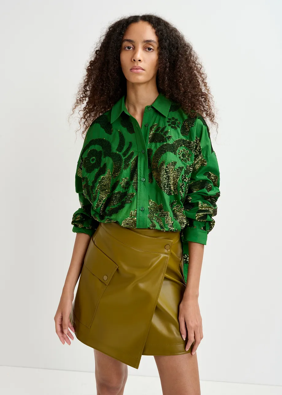 Dark green sequin-embellished cotton shirt