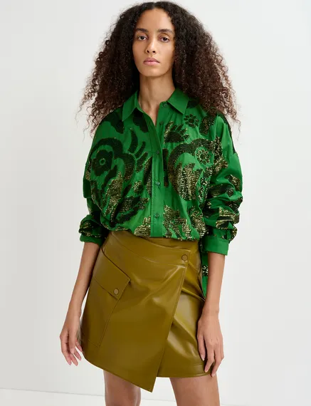 Dark green sequin-embellished cotton shirt