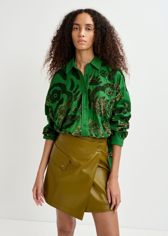 Camicia in cotone verde scuro decorata con paillettes