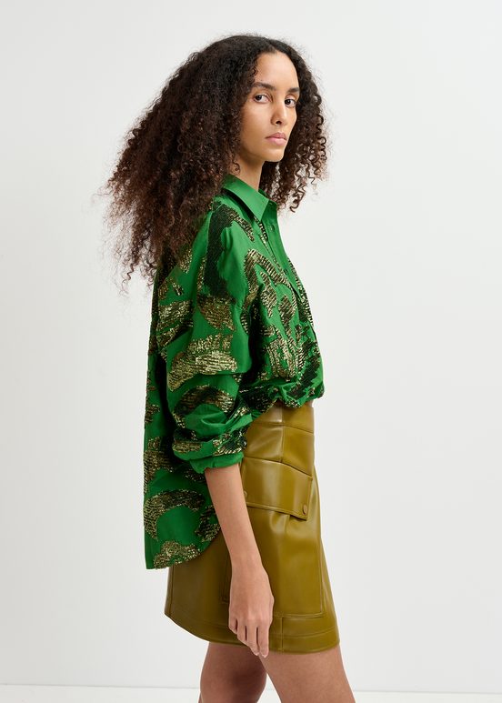 Dark green sequin-embellished cotton shirt