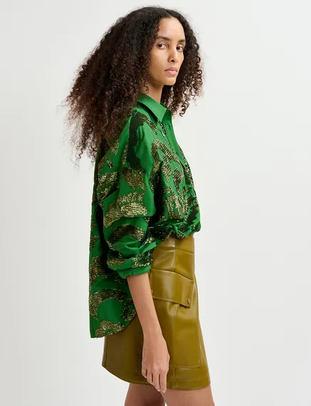 Dark green sequin-embellished cotton shirt