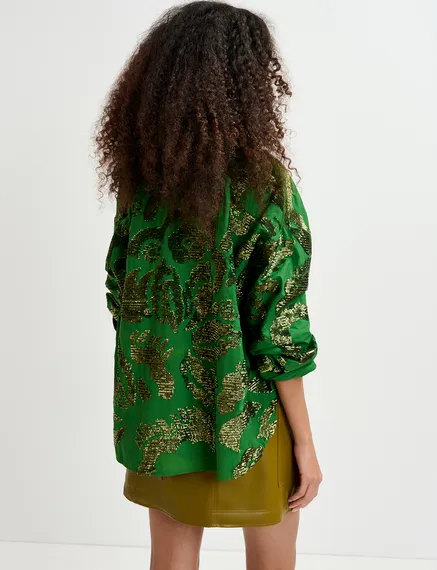 Dark green sequin-embellished cotton shirt