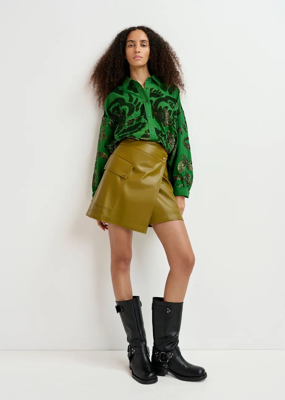 Dark green sequin-embellished cotton shirt