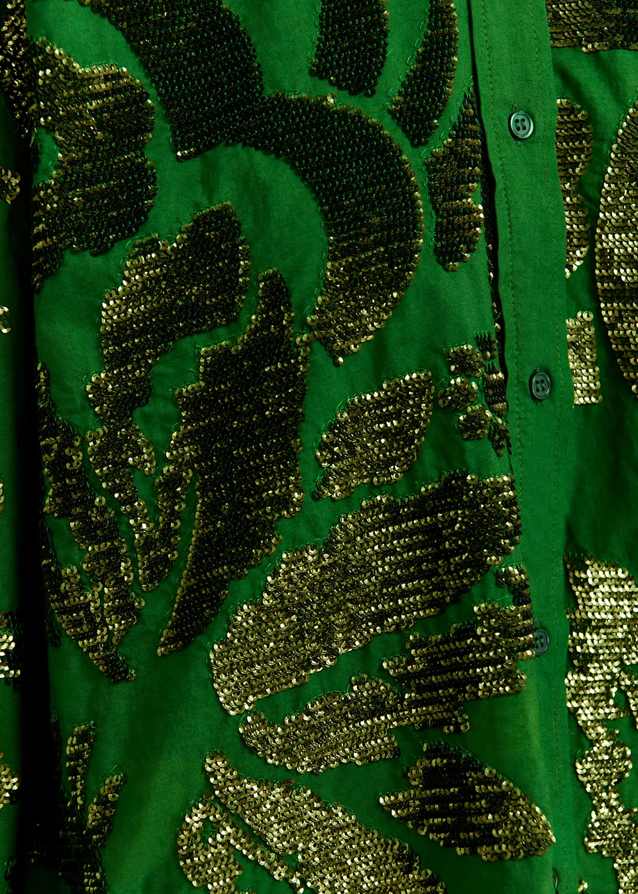 Dark green sequin-embellished cotton shirt