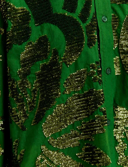 Dark green sequin-embellished cotton shirt