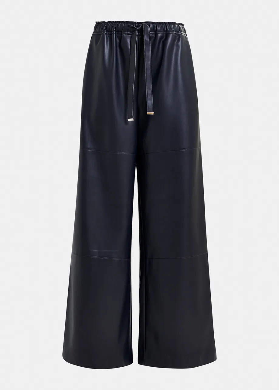 Navy blue faux leather wide-leg pants