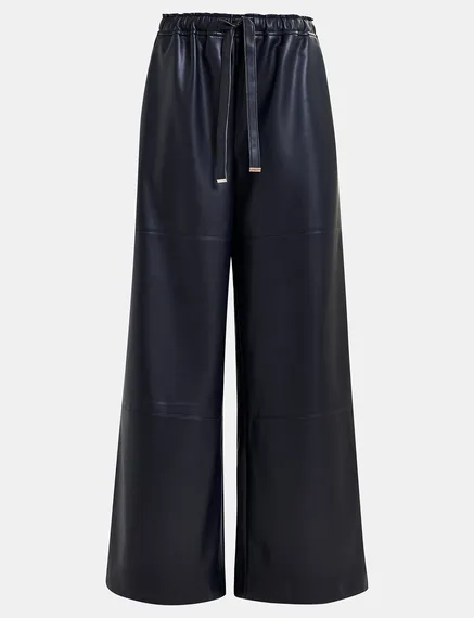 Pantalon large en faux cuir bleu marine