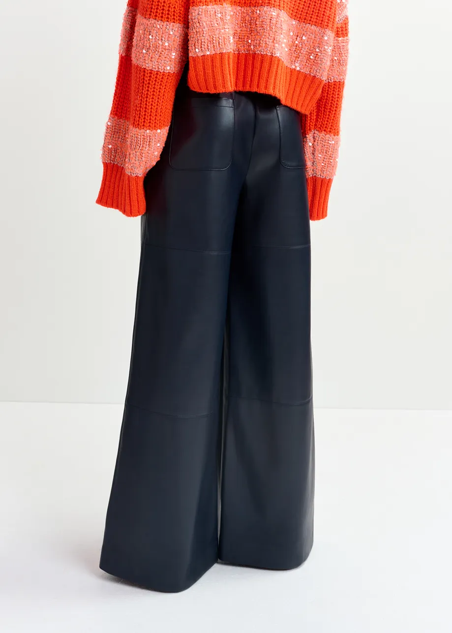 Navy blue faux leather wide-leg pants