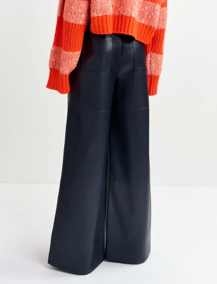 Navy blue faux leather wide-leg pants