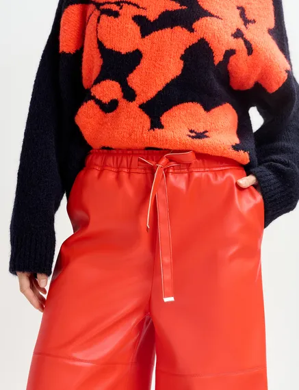 Red faux leather wide-leg pants