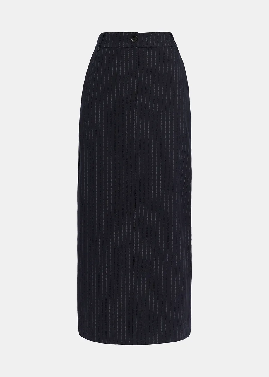 Navy blue pinstriped straight-cut maxi skirt