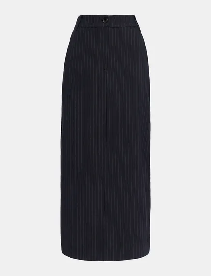 Navy blue pinstriped straight-cut maxi skirt