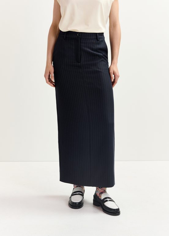 Navy blue pinstriped straight-cut maxi skirt