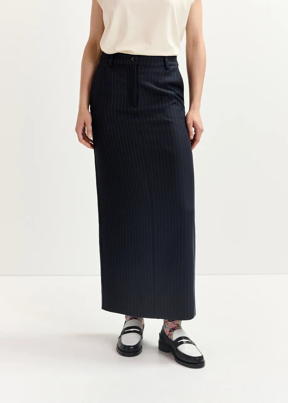 Navy blue pinstriped straight-cut maxi skirt