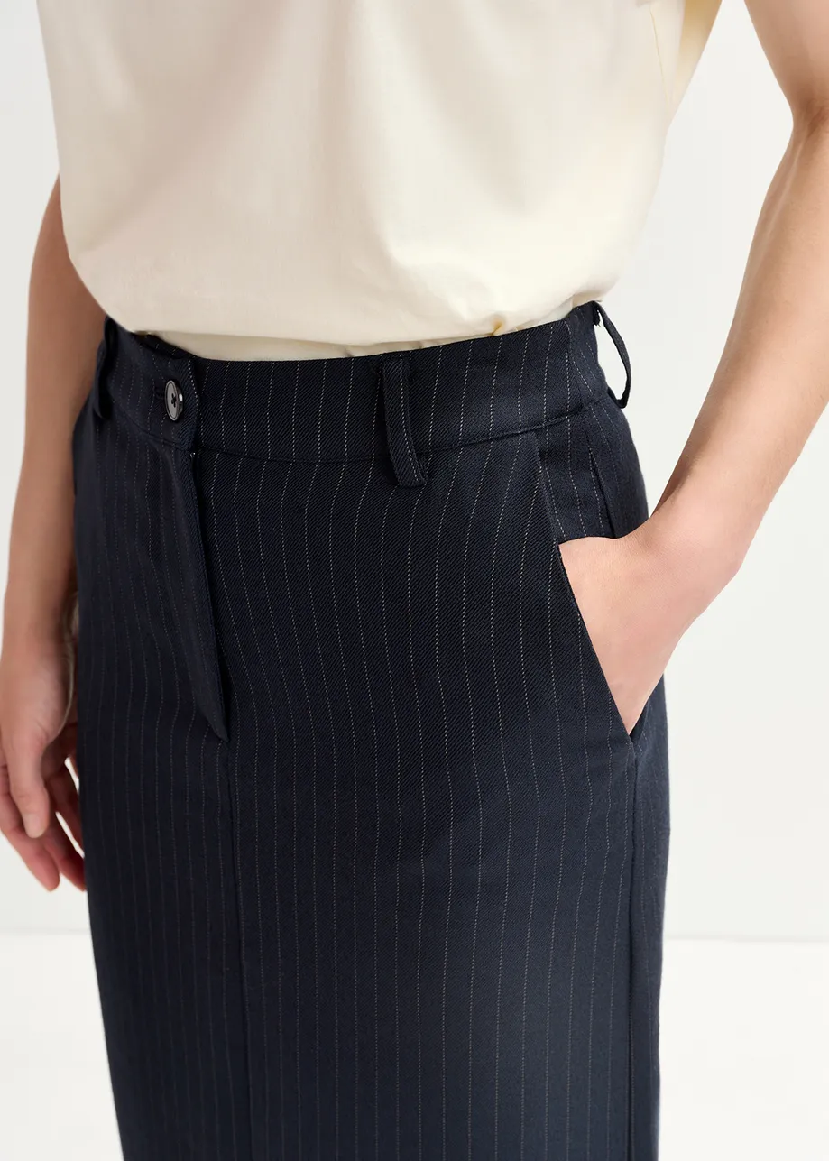 Navy blue pinstriped straight-cut maxi skirt