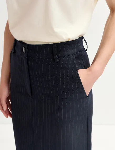 Navy blue pinstriped straight-cut maxi skirt