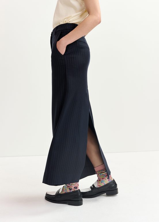 Navy blue pinstriped straight-cut maxi skirt