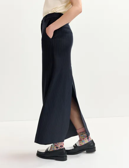 Navy blue pinstriped straight-cut maxi skirt