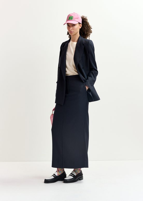 Navy blue pinstriped straight-cut maxi skirt